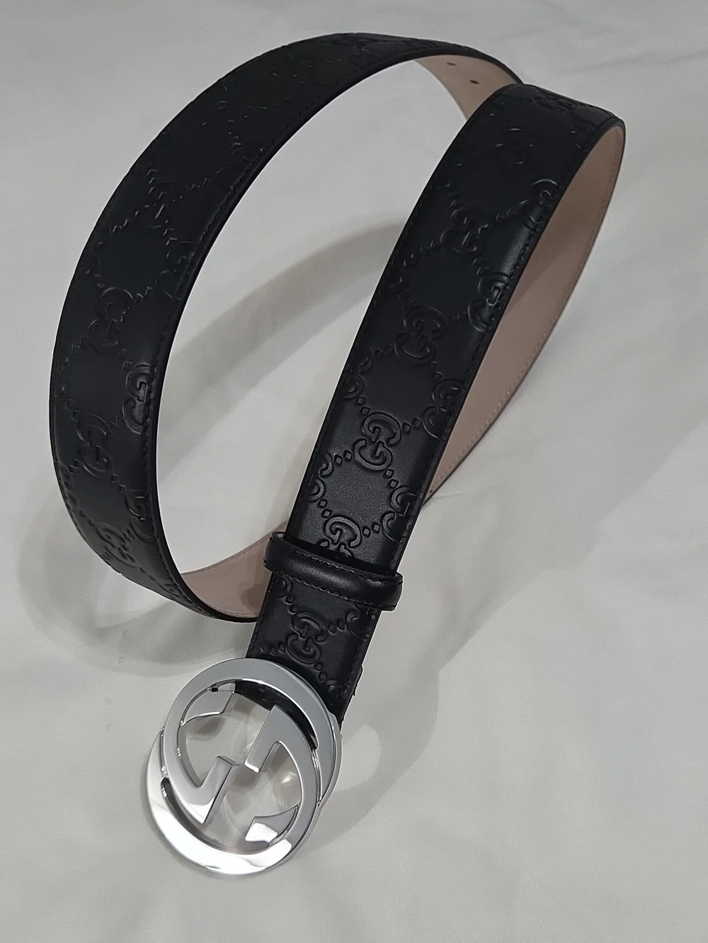 Gucci Black Leather Monogram Belt Silver Double GG Buckle 95cm